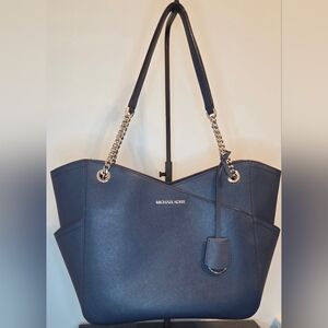 Michael Kors Jet Set Medium Tote Navy Saffiano Leather Chain Strap